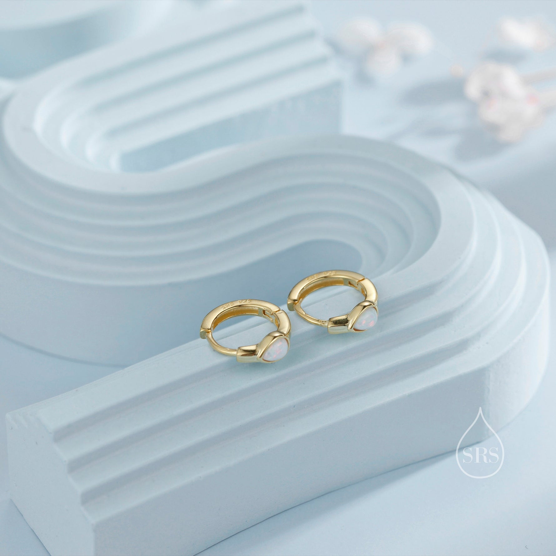 Delicate Opal Droplet Huggie Hoop Earrings in Sterling Silver, Silver or Gold, Blue or White Pear Shape Opal, Tiny Opal Hoop Earrings