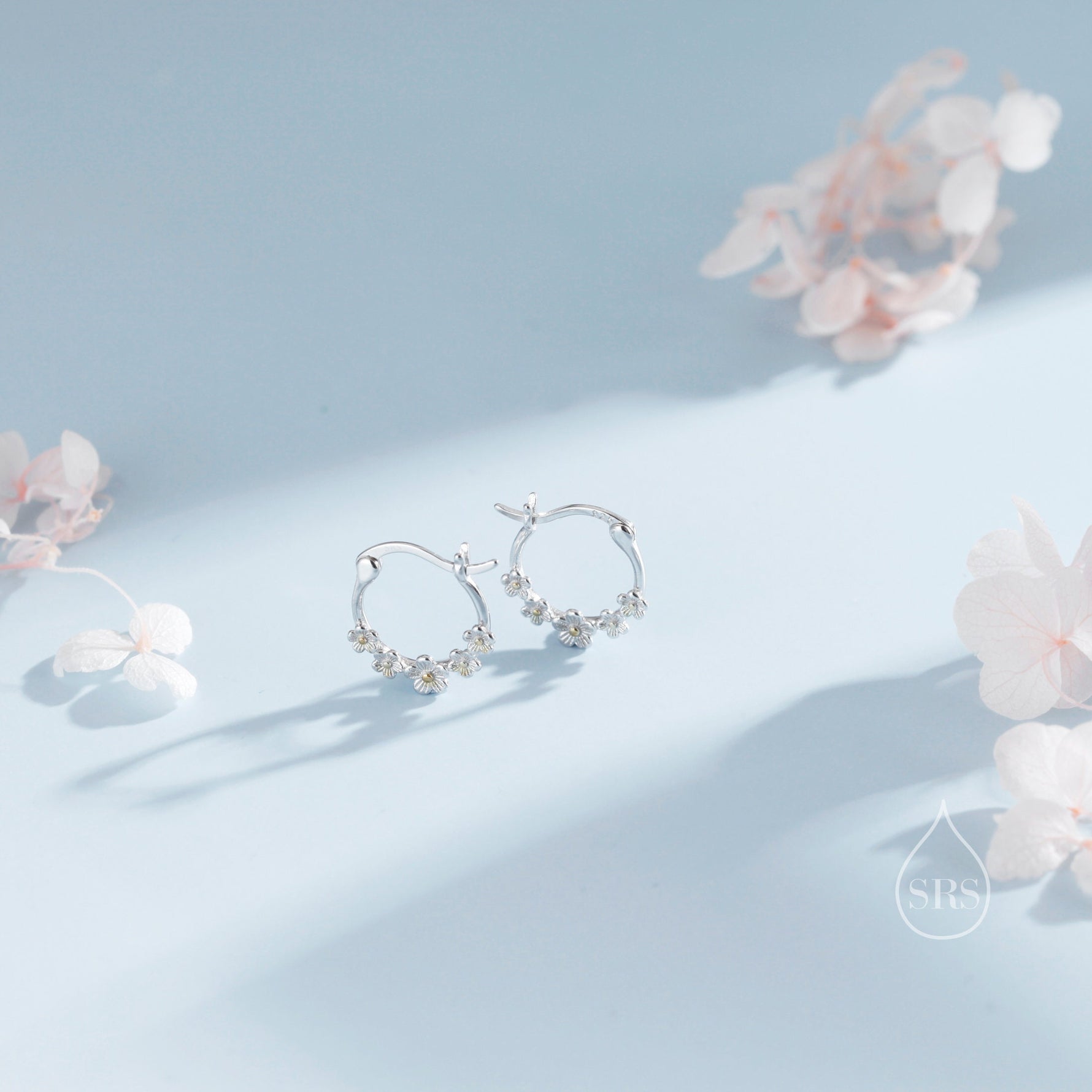 Forget Me Not Flower Cluster Hoop Earrings in Sterling Silver, Flower Bouquet Hoops