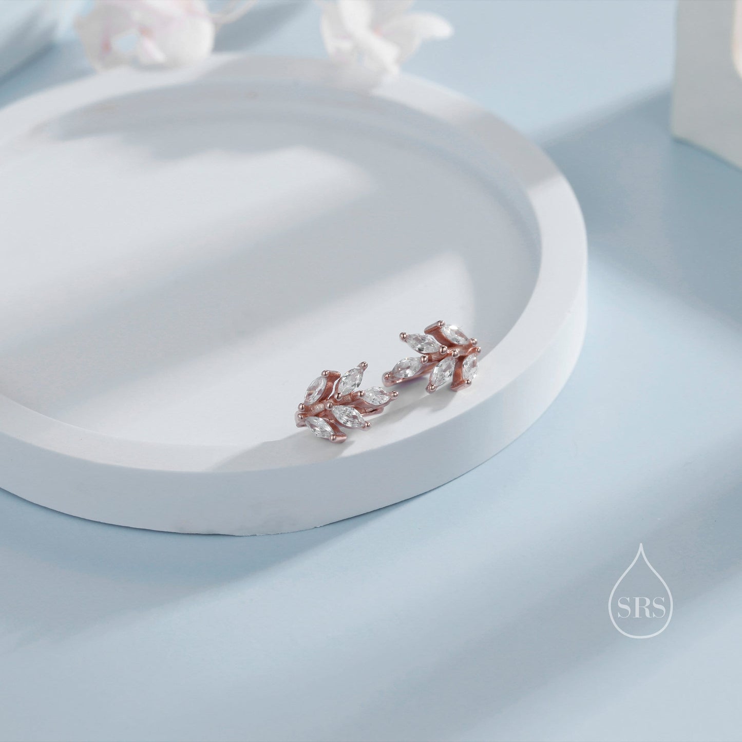 CZ Leaf Huggie Hoop Earrings in Sterling Silver, Silver or Gold or Rose Gold, Clear CZ or Green CZ Hoop Earrings