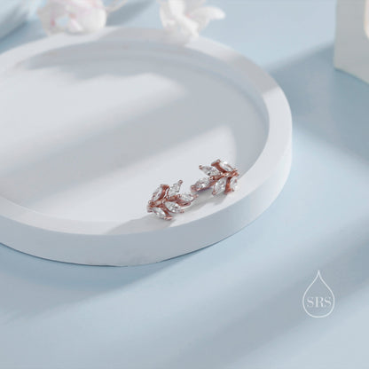 CZ Leaf Huggie Hoop Earrings in Sterling Silver, Silver or Gold or Rose Gold, Clear CZ or Green CZ Hoop Earrings