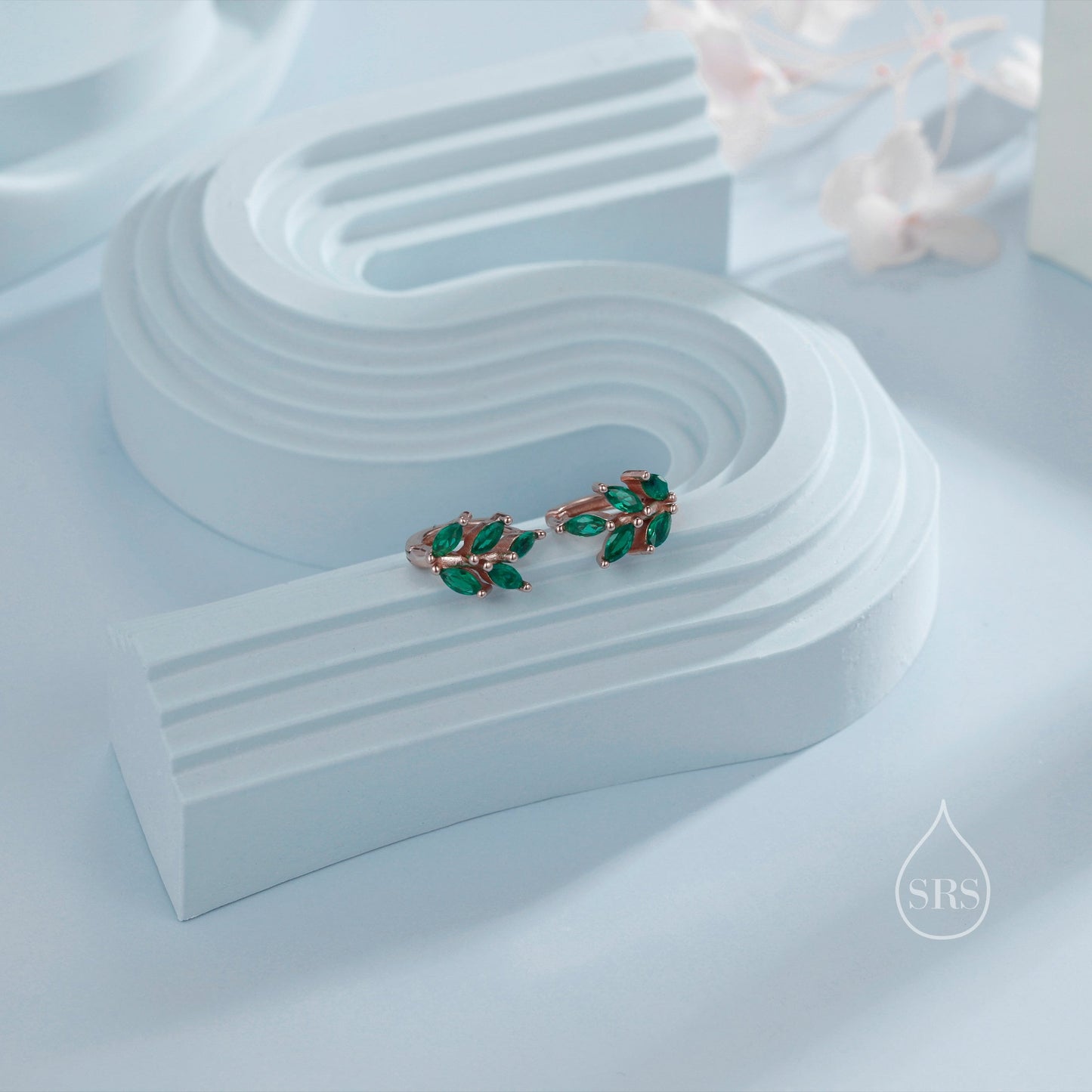 CZ Leaf Huggie Hoop Earrings in Sterling Silver, Silver or Gold or Rose Gold, Clear CZ or Green CZ Hoop Earrings