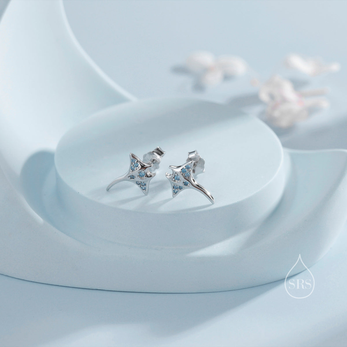 Manta Ray Fish Stud Earrings in Sterling Silver, Aquamarine Blue Manta Ray CZ Earrings in Sterling Silver, Stingray Fish Earring