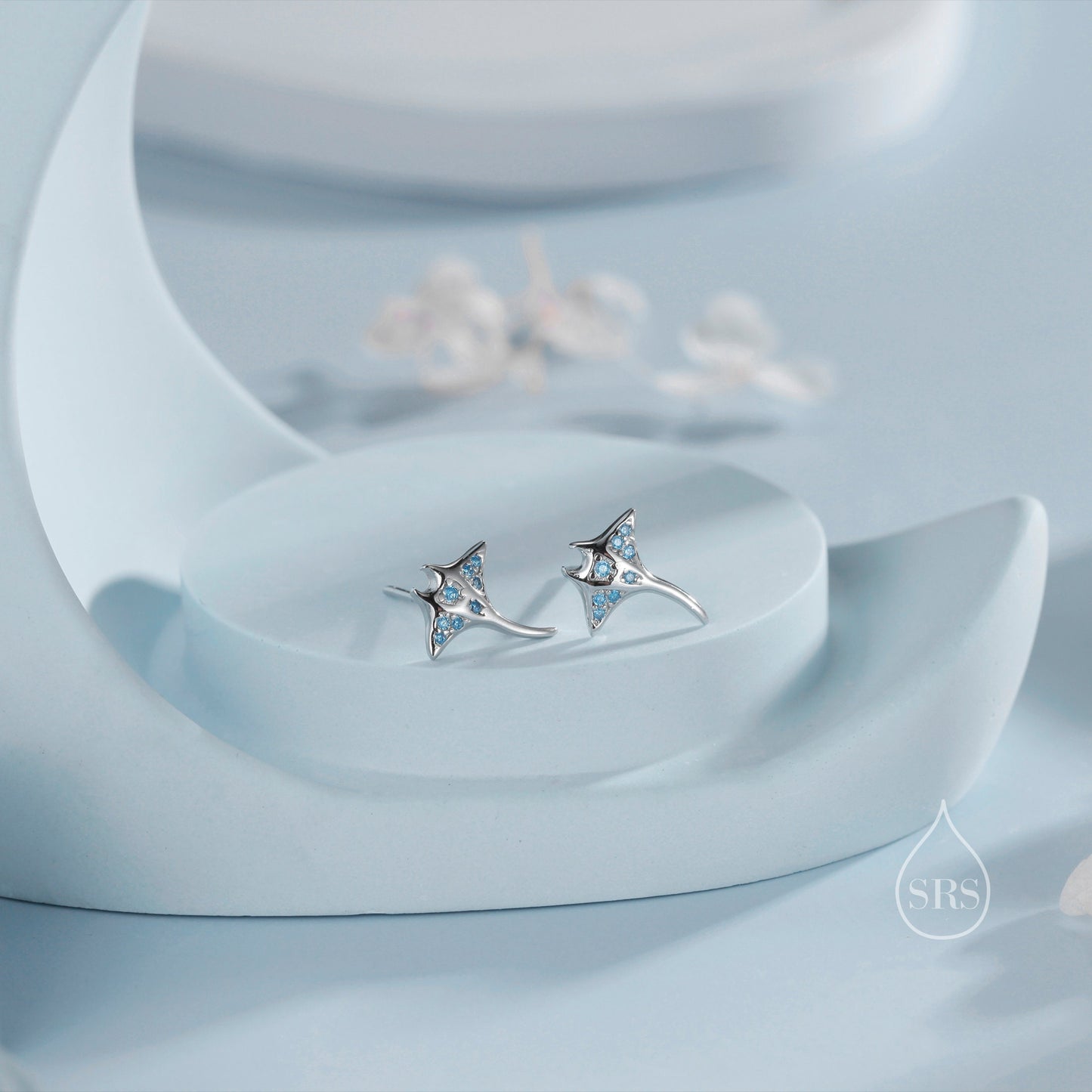 Manta Ray Fish Stud Earrings in Sterling Silver, Aquamarine Blue Manta Ray CZ Earrings in Sterling Silver, Stingray Fish Earring