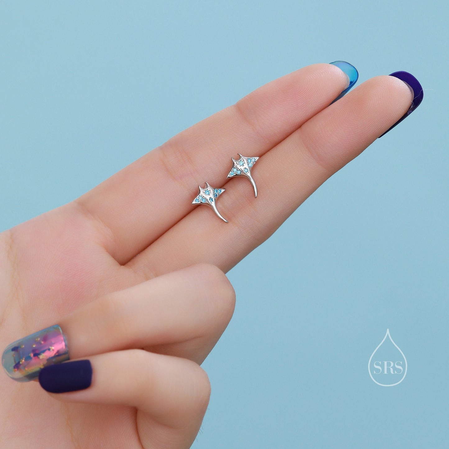 Manta Ray Fish Stud Earrings in Sterling Silver, Aquamarine Blue Manta Ray CZ Earrings in Sterling Silver, Stingray Fish Earring