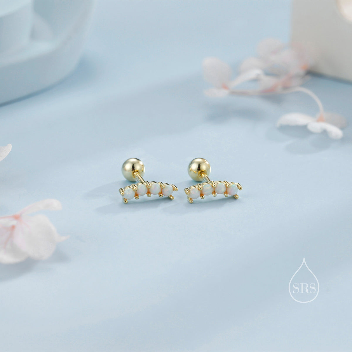 Tiny Opal Curved Bar Screw Back Earrings in Sterling Silver, Silver or Gold, White Opal or Blue Opal Screw Back Earrings, Fire Opal