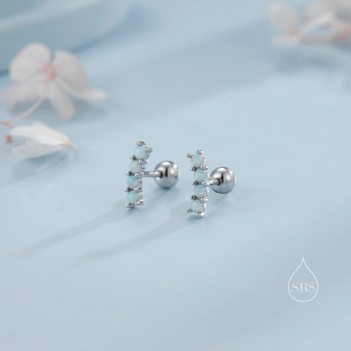 Tiny Opal Curved Bar Screw Back Earrings in Sterling Silver, Silver or Gold, White Opal or Blue Opal Screw Back Earrings, Fire Opal