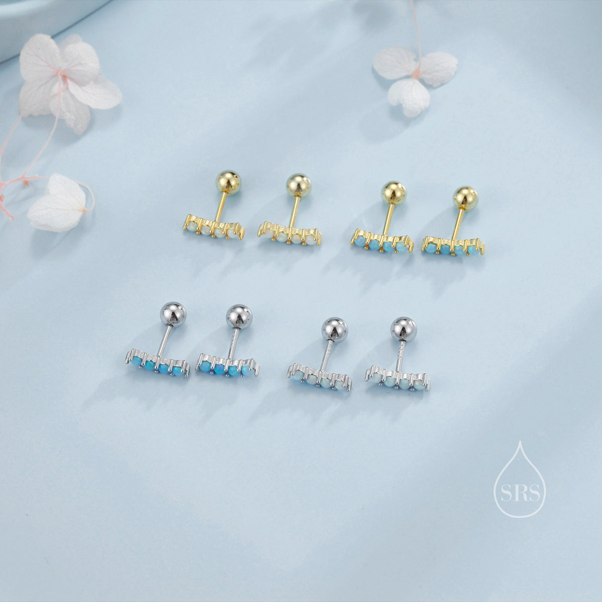 Tiny Opal Curved Bar Screw Back Earrings in Sterling Silver, Silver or Gold, White Opal or Blue Opal Screw Back Earrings, Fire Opal