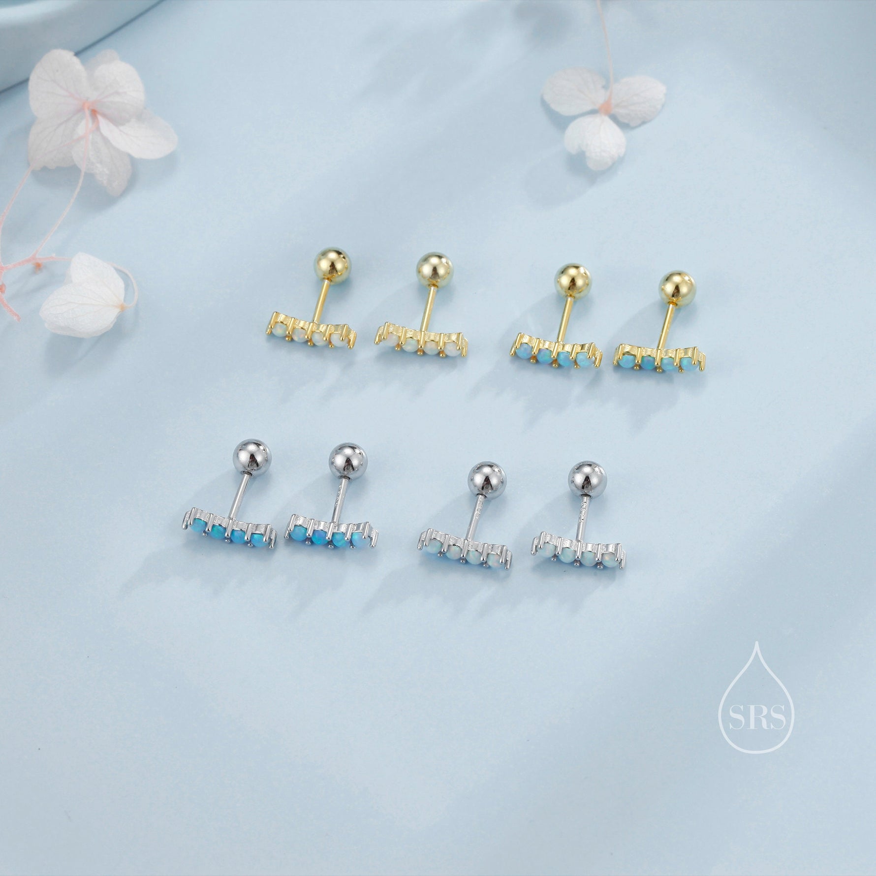 Tiny Opal Curved Bar Screw Back Earrings in Sterling Silver, Silver or Gold, White Opal or Blue Opal Screw Back Earrings, Fire Opal