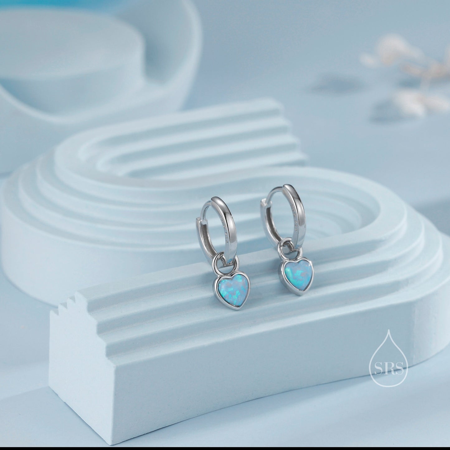 Delicate Opal Heart Huggie Hoop Earrings in Sterling Silver, Silver or Gold, Blue or White Heart Opal, Tiny Opal Hoop Earrings