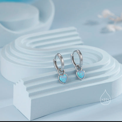 Delicate Opal Heart Huggie Hoop Earrings in Sterling Silver, Silver or Gold, Blue or White Heart Opal, Tiny Opal Hoop Earrings