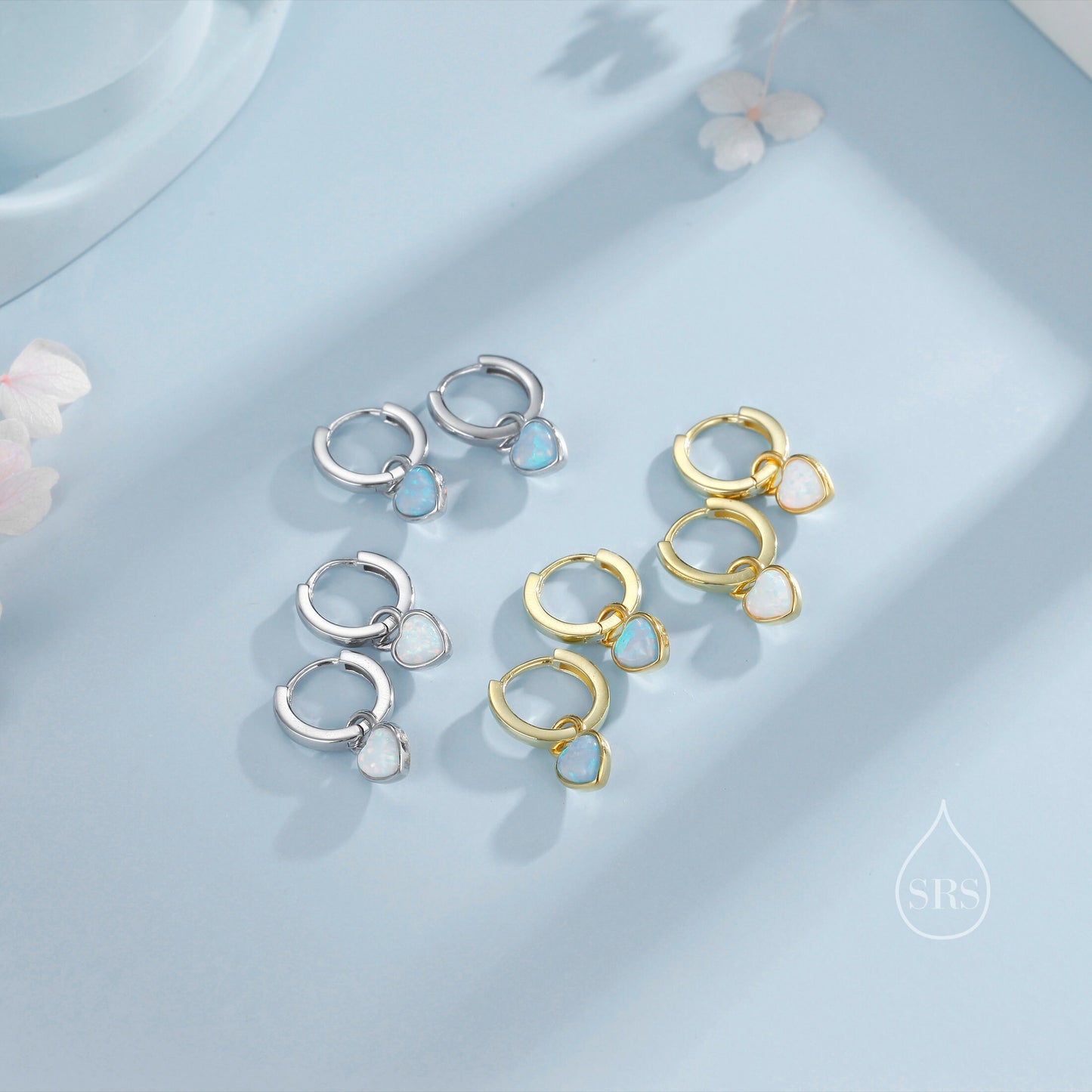 Delicate Opal Heart Huggie Hoop Earrings in Sterling Silver, Silver or Gold, Blue or White Heart Opal, Tiny Opal Hoop Earrings