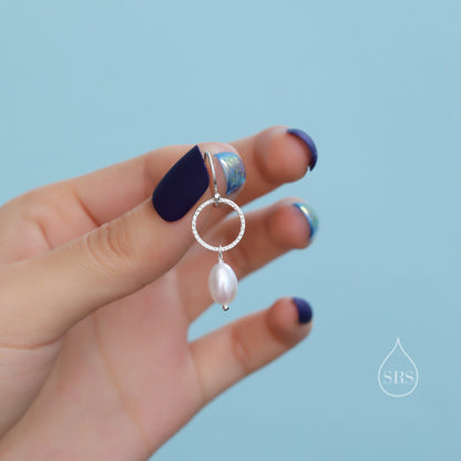Genuine Freshwater Pearl Drop Hook Earrings with Circle in Sterling Silver, Delicate Keshi Pearl Earrings, Baroque Pearl Dangle Earrings