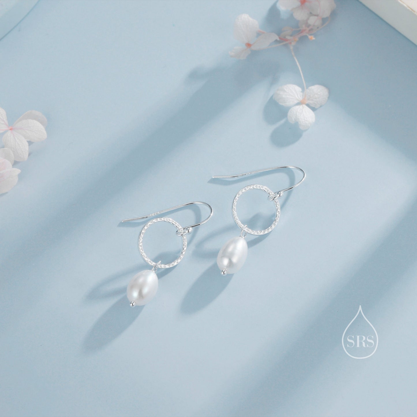 Genuine Freshwater Pearl Drop Hook Earrings with Circle in Sterling Silver, Delicate Keshi Pearl Earrings, Baroque Pearl Dangle Earrings