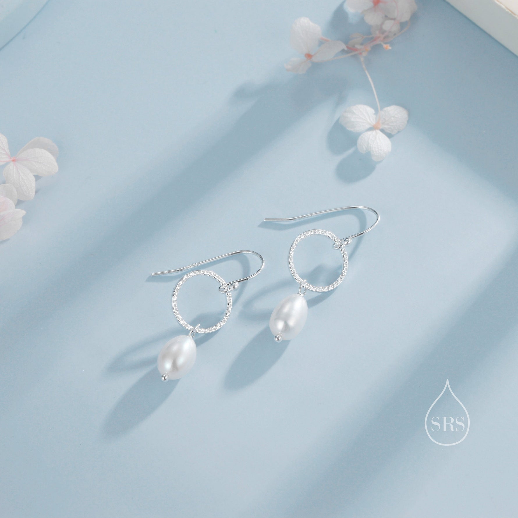 Genuine Freshwater Pearl Drop Hook Earrings with Circle in Sterling Silver, Delicate Keshi Pearl Earrings, Baroque Pearl Dangle Earrings