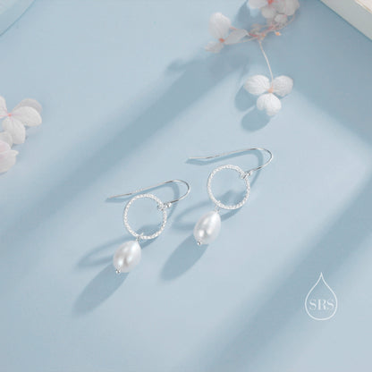 Genuine Freshwater Pearl Drop Hook Earrings with Circle in Sterling Silver, Delicate Keshi Pearl Earrings, Baroque Pearl Dangle Earrings
