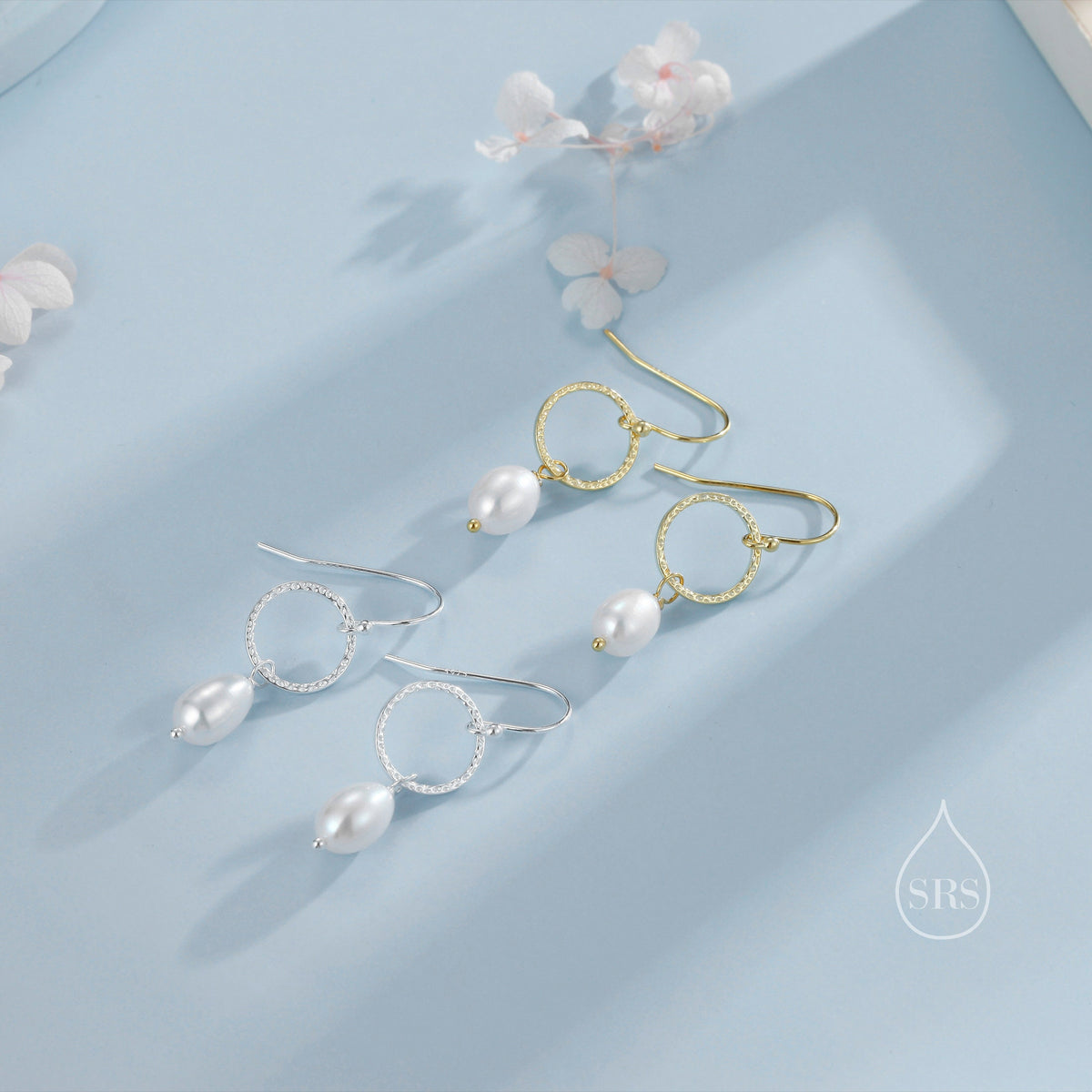 Genuine Freshwater Pearl Drop Hook Earrings with Circle in Sterling Silver, Delicate Keshi Pearl Earrings, Baroque Pearl Dangle Earrings