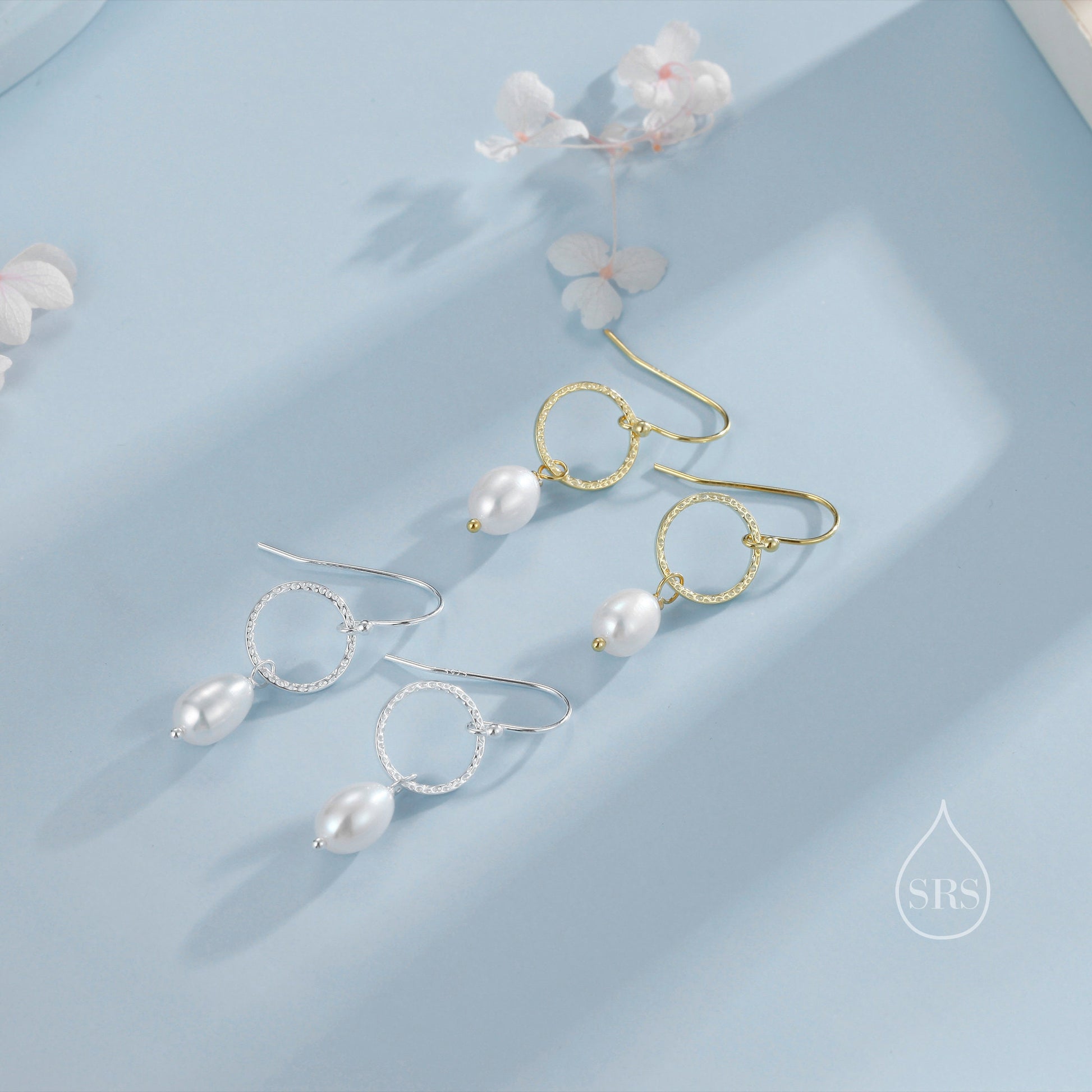 Genuine Freshwater Pearl Drop Hook Earrings with Circle in Sterling Silver, Delicate Keshi Pearl Earrings, Baroque Pearl Dangle Earrings