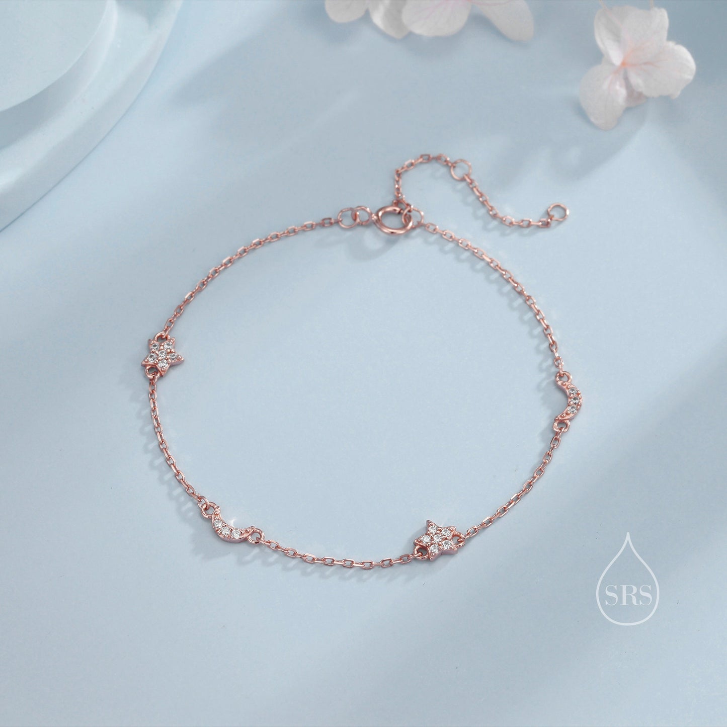 CZ Moon and Star Motif Bracelet in Sterling Silver, Silver, Gold or Rose Gold, Star Bracelet, Star Jewellery, CZ Star Bracelet