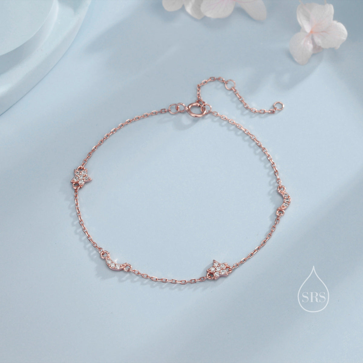 CZ Moon and Star Motif Bracelet in Sterling Silver, Silver, Gold or Rose Gold, Star Bracelet, Star Jewellery, CZ Star Bracelet
