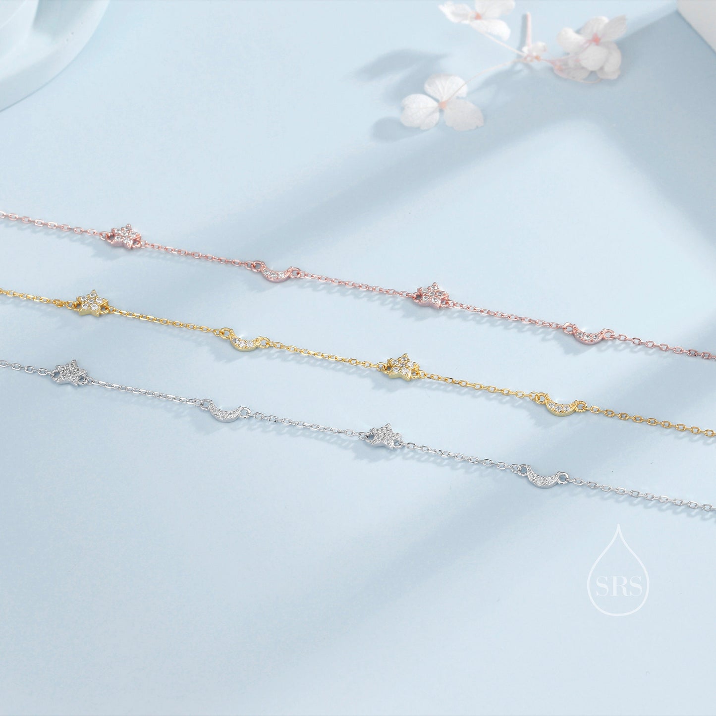 CZ Moon and Star Motif Bracelet in Sterling Silver, Silver, Gold or Rose Gold, Star Bracelet, Star Jewellery, CZ Star Bracelet
