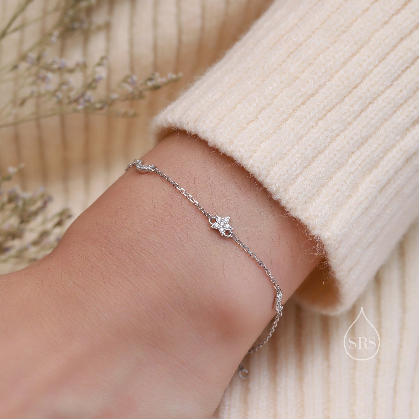 CZ Moon and Star Motif Bracelet in Sterling Silver, Silver, Gold or Rose Gold, Star Bracelet, Star Jewellery, CZ Star Bracelet