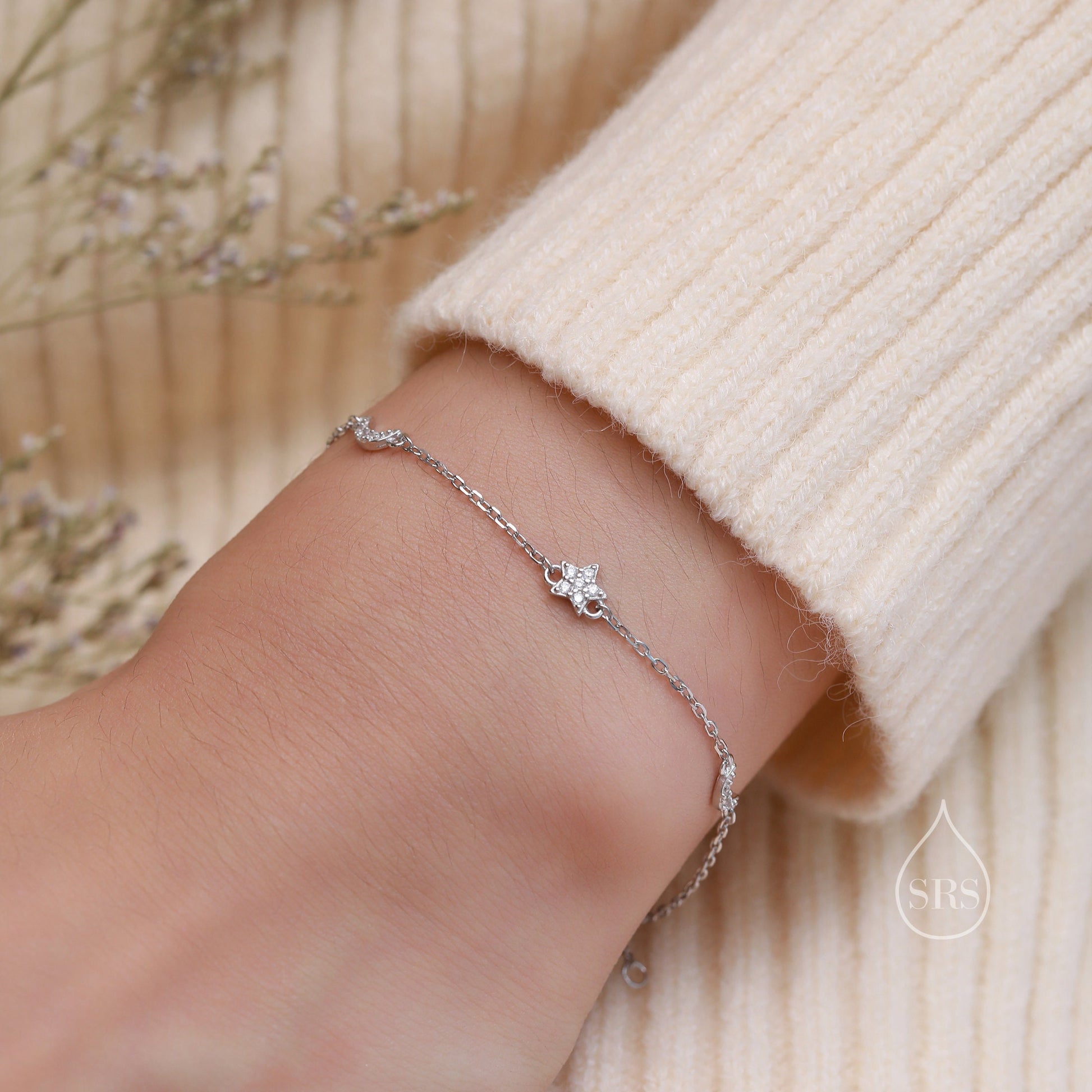 CZ Moon and Star Motif Bracelet in Sterling Silver, Silver, Gold or Rose Gold, Star Bracelet, Star Jewellery, CZ Star Bracelet