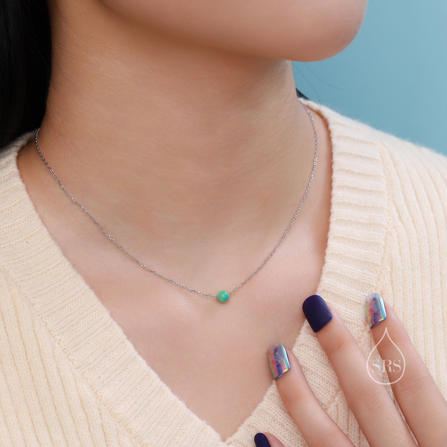 Single Opal Bead Choker Necklace in Sterling Silver, Silver or Gold, White Opal, Blue Opal, Green Opal, Purple Opal