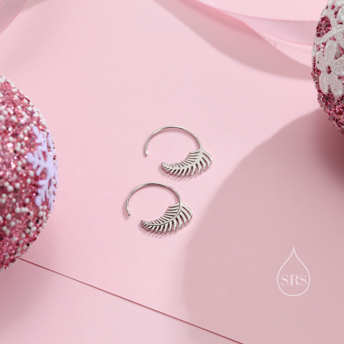 Sterling Silver Fern Leaf Open Hoops, Dainty Leaf Large Threader Hoops, Leaf Branch Thread Through Hoops, Large Leaf Hoops