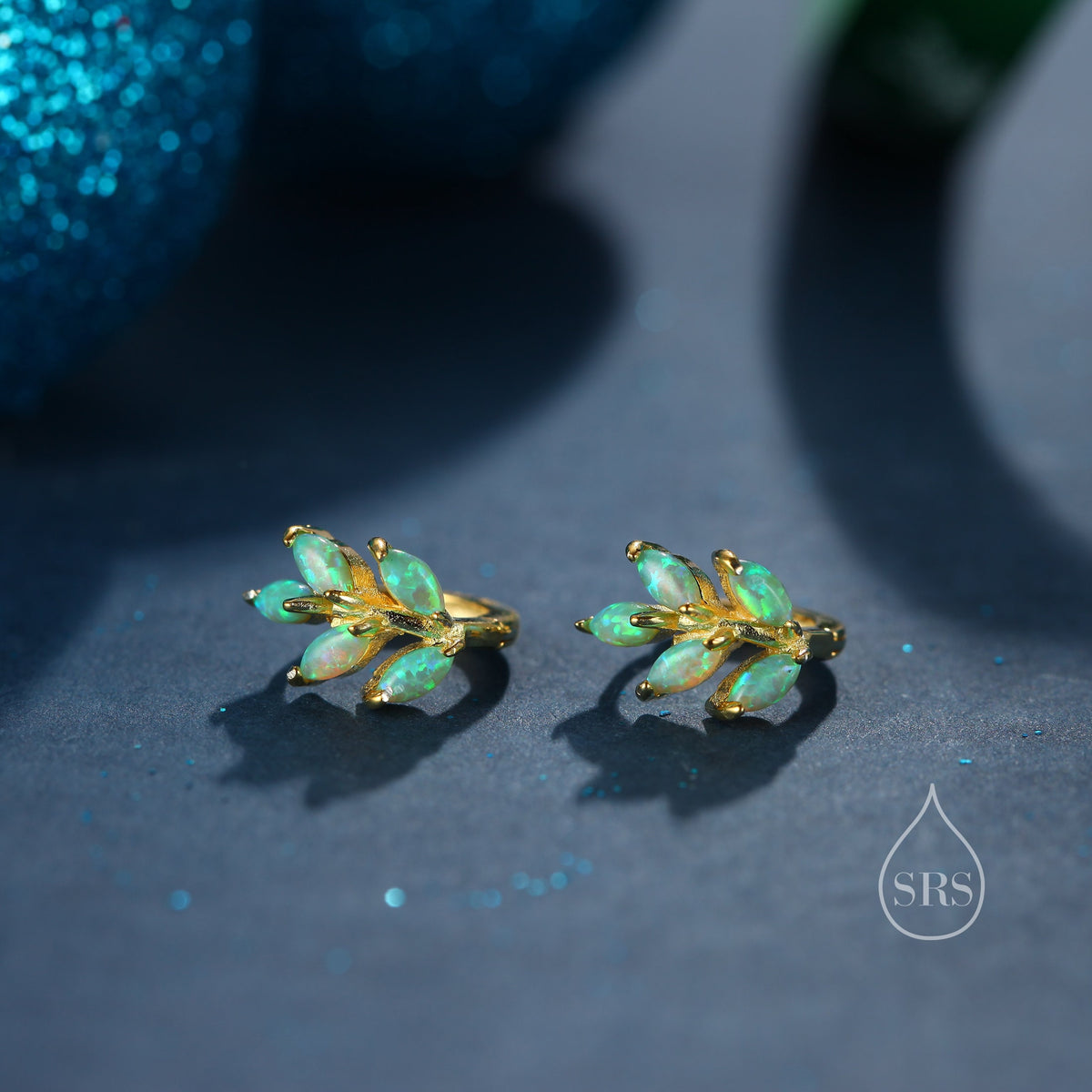 Opal Leaf Huggie Hoop Earrings in Sterling Silver, Silver or Gold or Rose Gold, White Opal Marquise or Green Opal Hoop Earrings