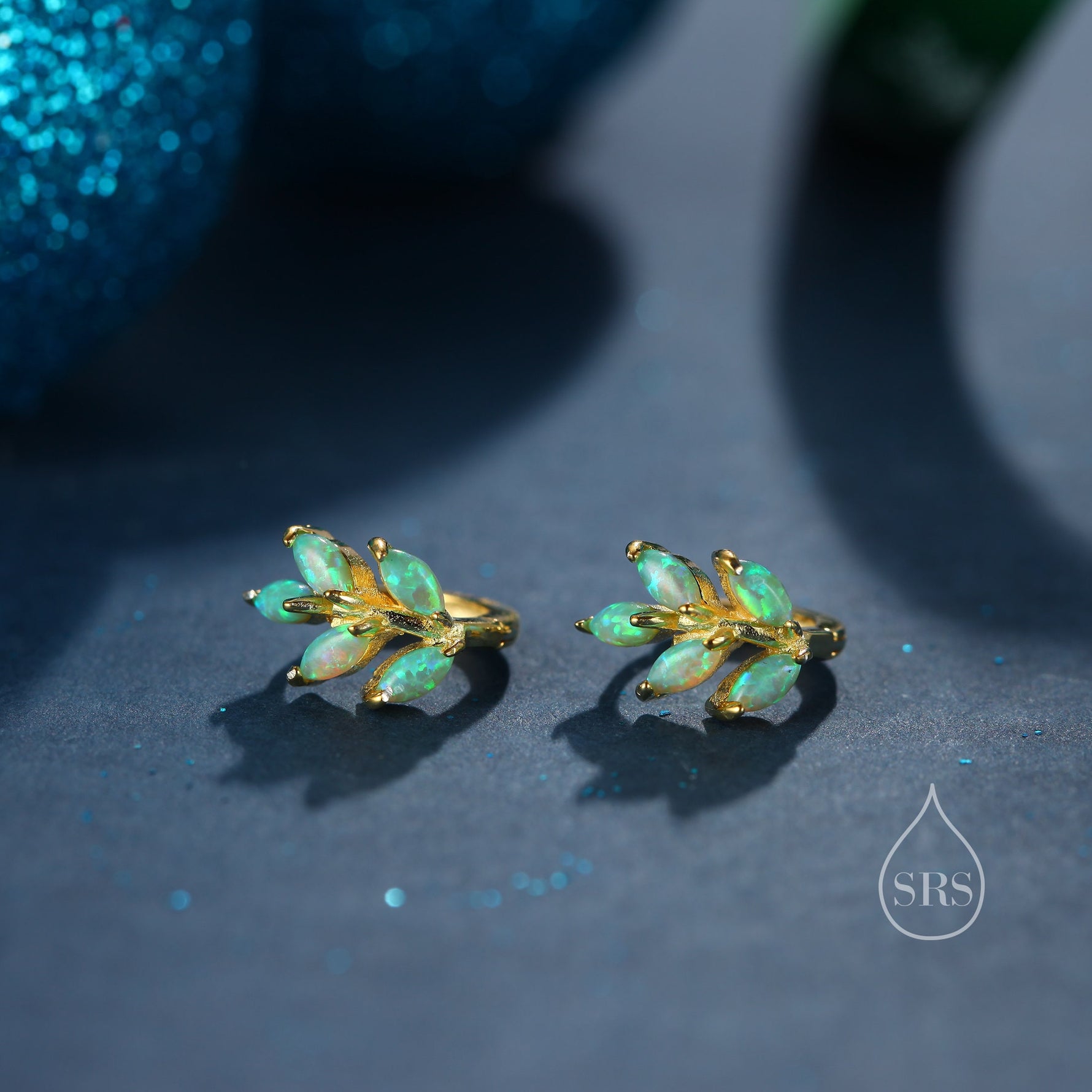 Opal Leaf Huggie Hoop Earrings in Sterling Silver, Silver or Gold or Rose Gold, White Opal Marquise or Green Opal Hoop Earrings