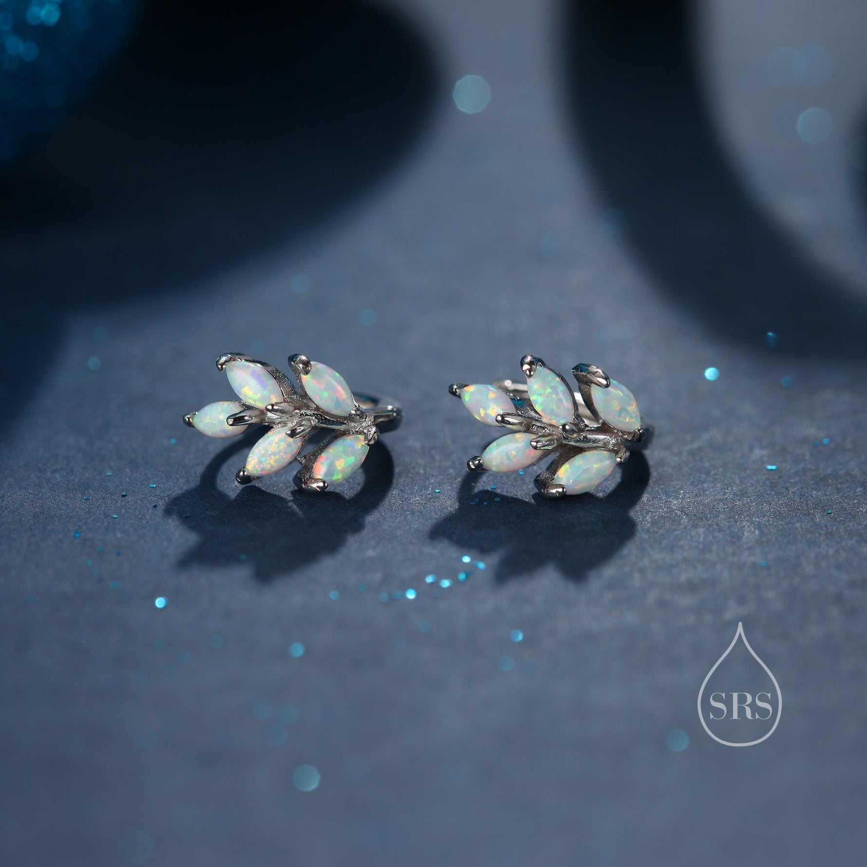 Opal Leaf Huggie Hoop Earrings in Sterling Silver, Silver or Gold or Rose Gold, White Opal Marquise or Green Opal Hoop Earrings