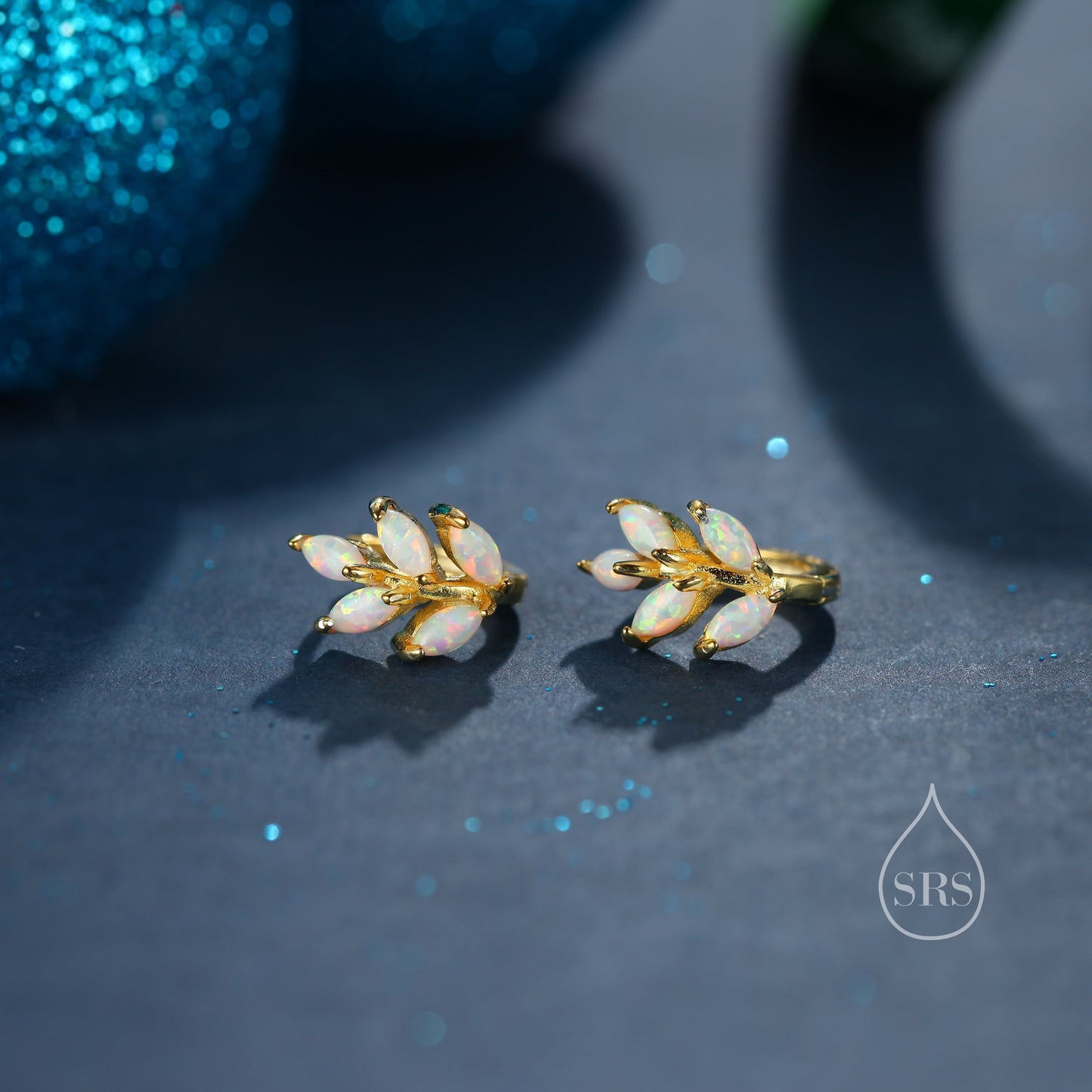 Opal Leaf Huggie Hoop Earrings in Sterling Silver, Silver or Gold or Rose Gold, White Opal Marquise or Green Opal Hoop Earrings