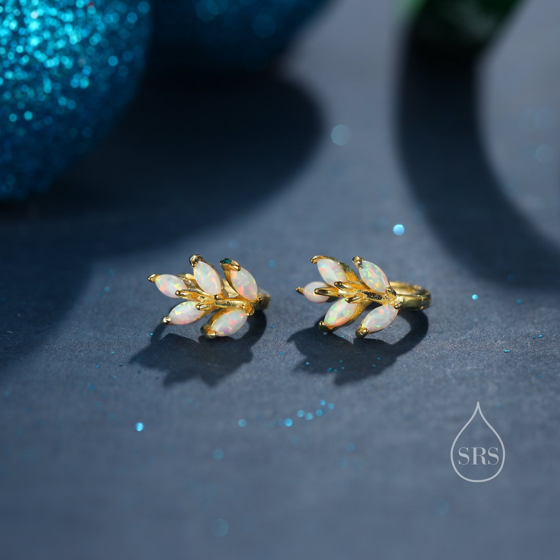 Opal Leaf Huggie Hoop Earrings in Sterling Silver, Silver or Gold or Rose Gold, White Opal Marquise or Green Opal Hoop Earrings