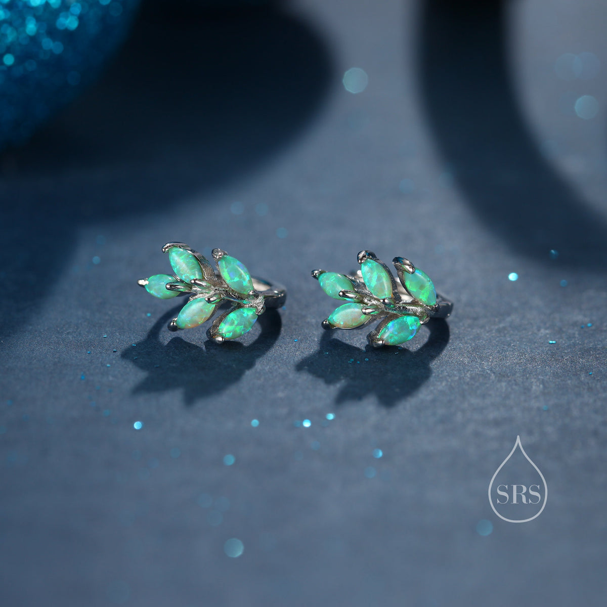 Opal Leaf Huggie Hoop Earrings in Sterling Silver, Silver or Gold or Rose Gold, White Opal Marquise or Green Opal Hoop Earrings