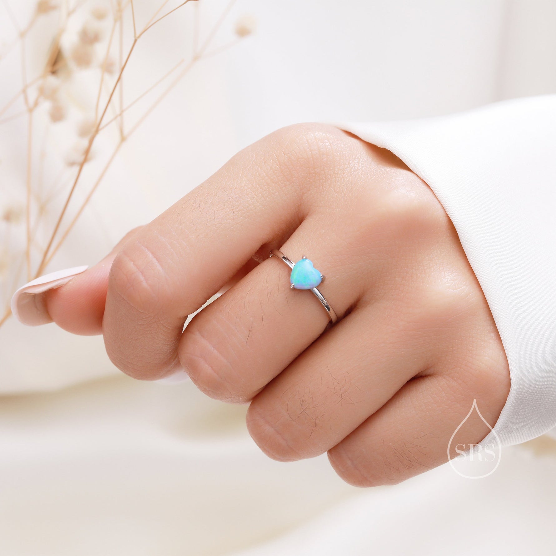 Fire Opal Heart Ring in Sterling Silver, Adjustable Size Opal Ring, Prong Set, Lab Opal Stone Ring, Opal Ring, Delicate Stacking Ring