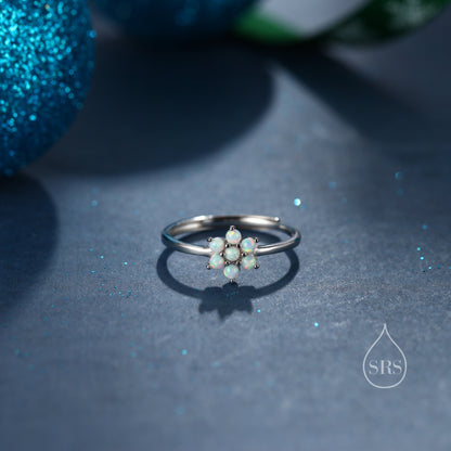 Opal Flower Ring in Sterling Silver, White/ Purple/Blue Opal Flower, Lab Opal Stone Ring, Delicate Stacking Ring