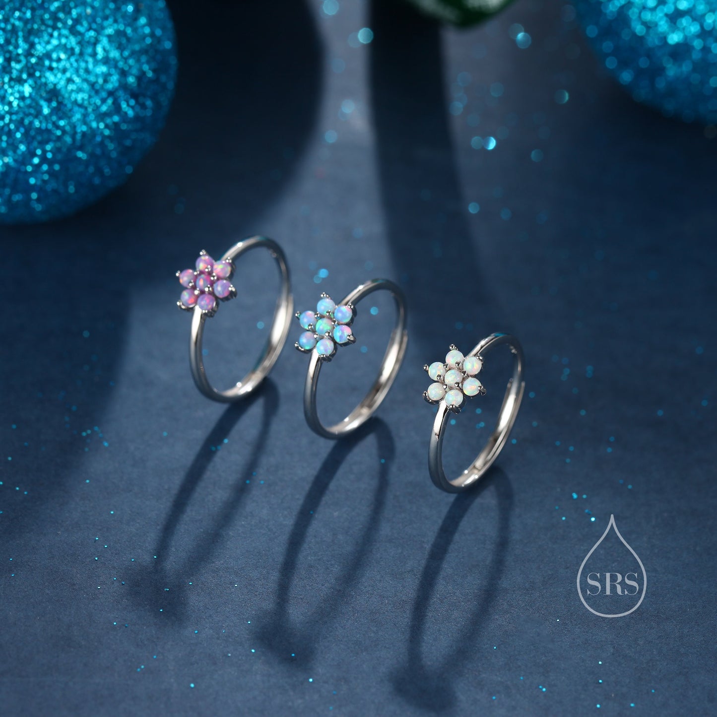 Opal Flower Ring in Sterling Silver, White/ Purple/Blue Opal Flower, Lab Opal Stone Ring, Delicate Stacking Ring