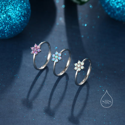 Opal Flower Ring in Sterling Silver, White/ Purple/Blue Opal Flower, Lab Opal Stone Ring, Delicate Stacking Ring