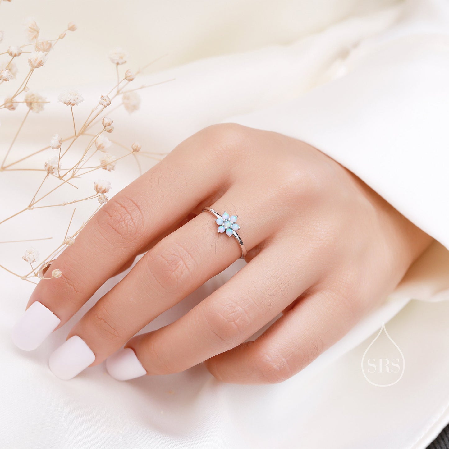 Opal Flower Ring in Sterling Silver, White/ Purple/Blue Opal Flower, Lab Opal Stone Ring, Delicate Stacking Ring