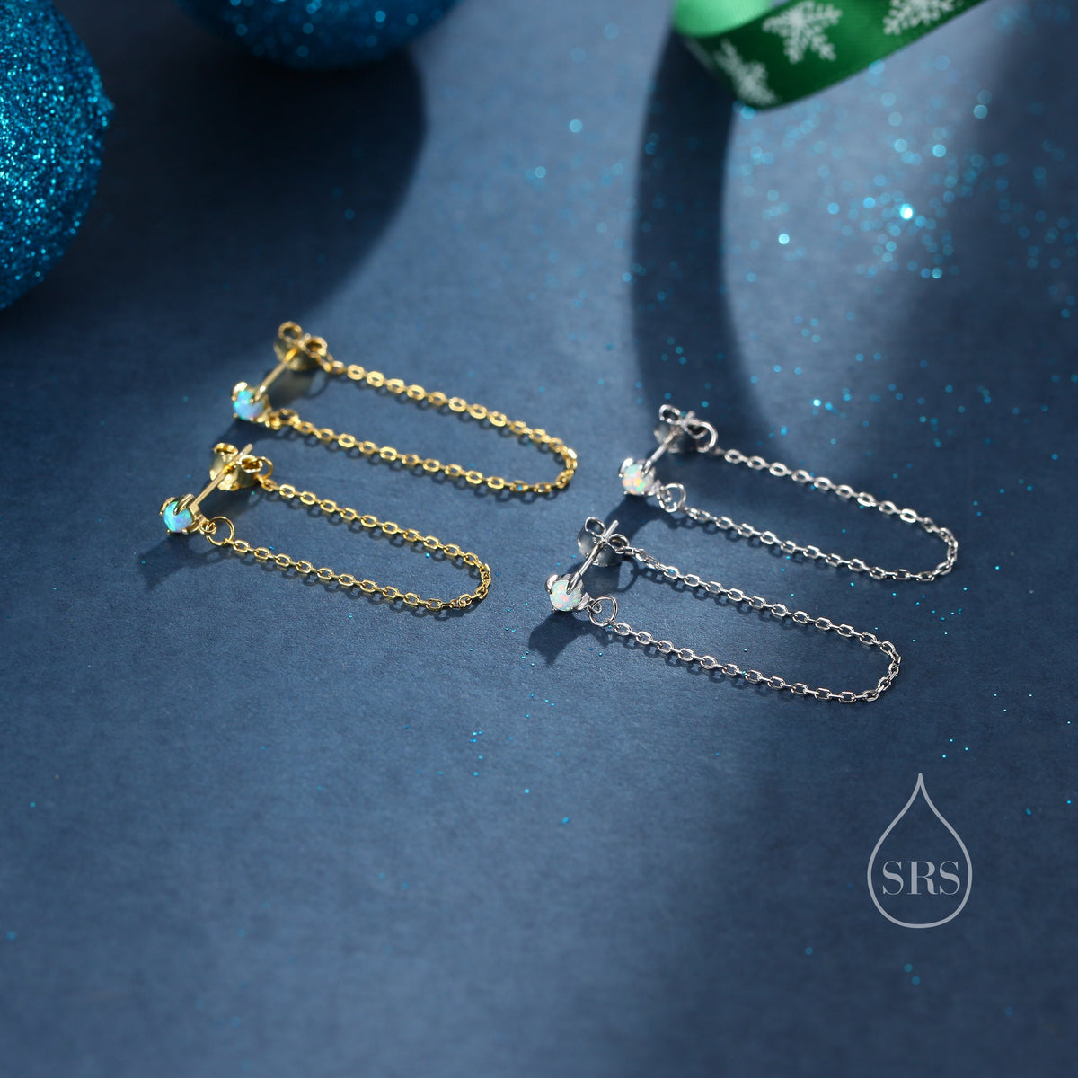Tiny Opal Chain Ear Jacket Earrings in Sterling Silver, Silver or Gold, Blue Opal or White Opal, Front and Back Earrings, Chain Earrings
