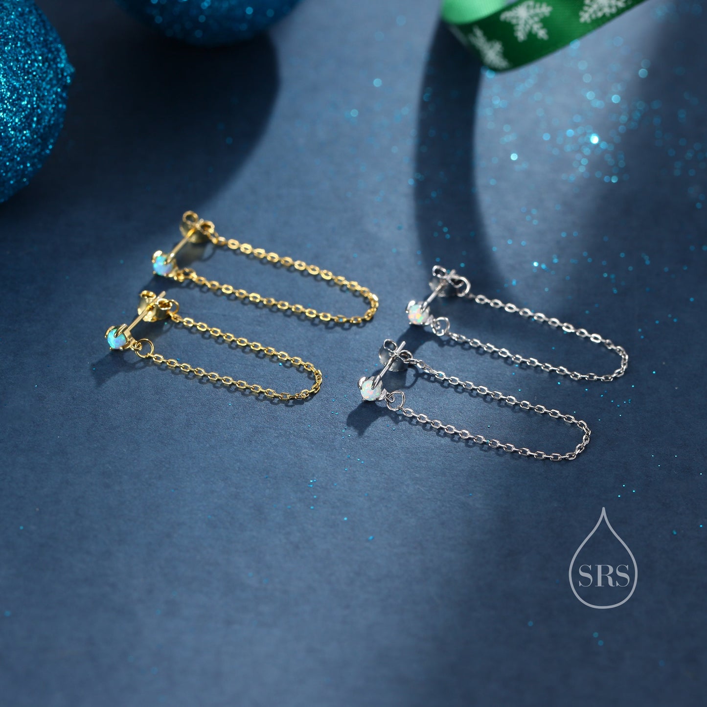 Tiny Opal Chain Ear Jacket Earrings in Sterling Silver, Silver or Gold, Blue Opal or White Opal, Front and Back Earrings, Chain Earrings