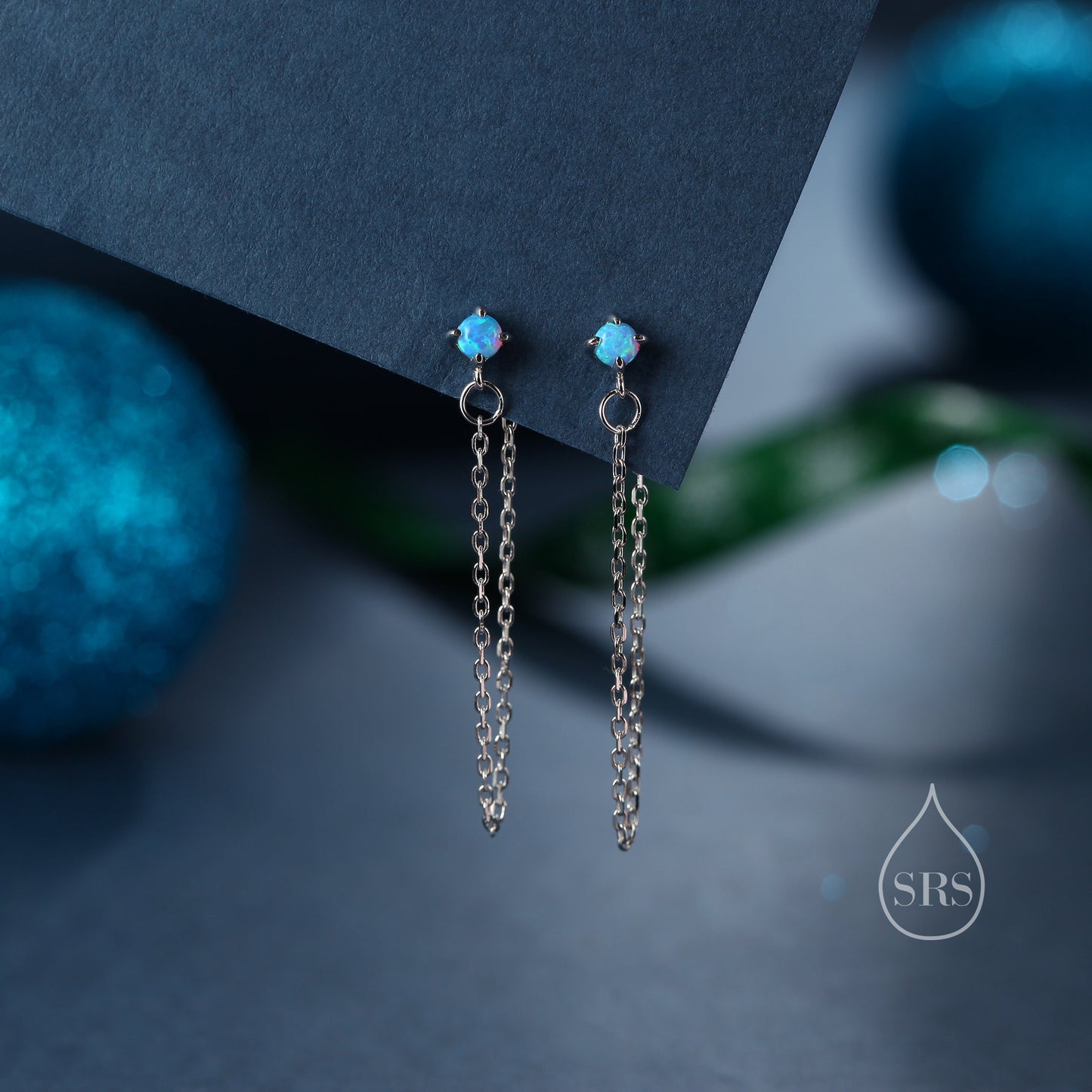 Tiny Opal Chain Ear Jacket Earrings in Sterling Silver, Silver or Gold, Blue Opal or White Opal, Front and Back Earrings, Chain Earrings