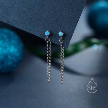 Tiny Opal Chain Ear Jacket Earrings in Sterling Silver, Silver or Gold, Blue Opal or White Opal, Front and Back Earrings, Chain Earrings