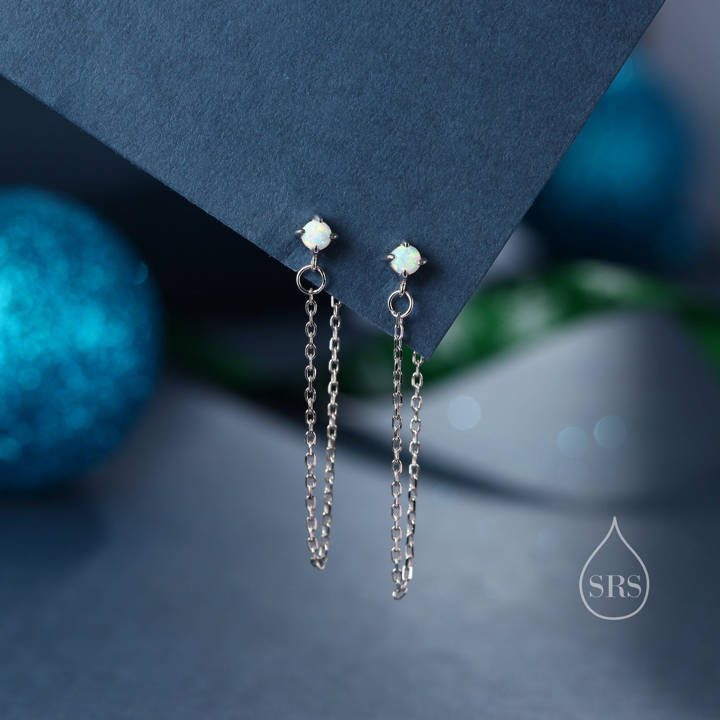 Tiny Opal Chain Ear Jacket Earrings in Sterling Silver, Silver or Gold, Blue Opal or White Opal, Front and Back Earrings, Chain Earrings