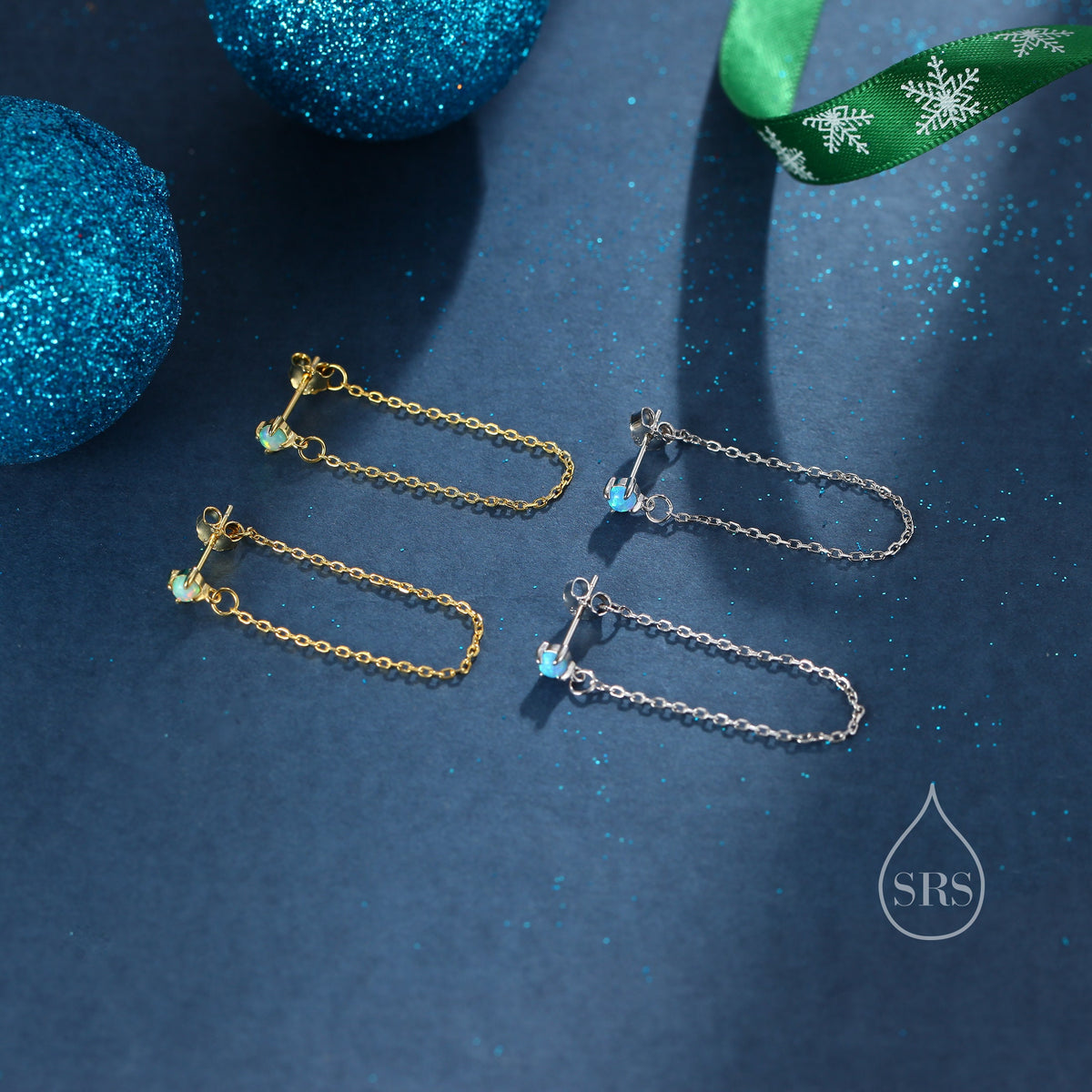 Tiny Opal Chain Ear Jacket Earrings in Sterling Silver, Silver or Gold, Blue Opal or White Opal, Front and Back Earrings, Chain Earrings