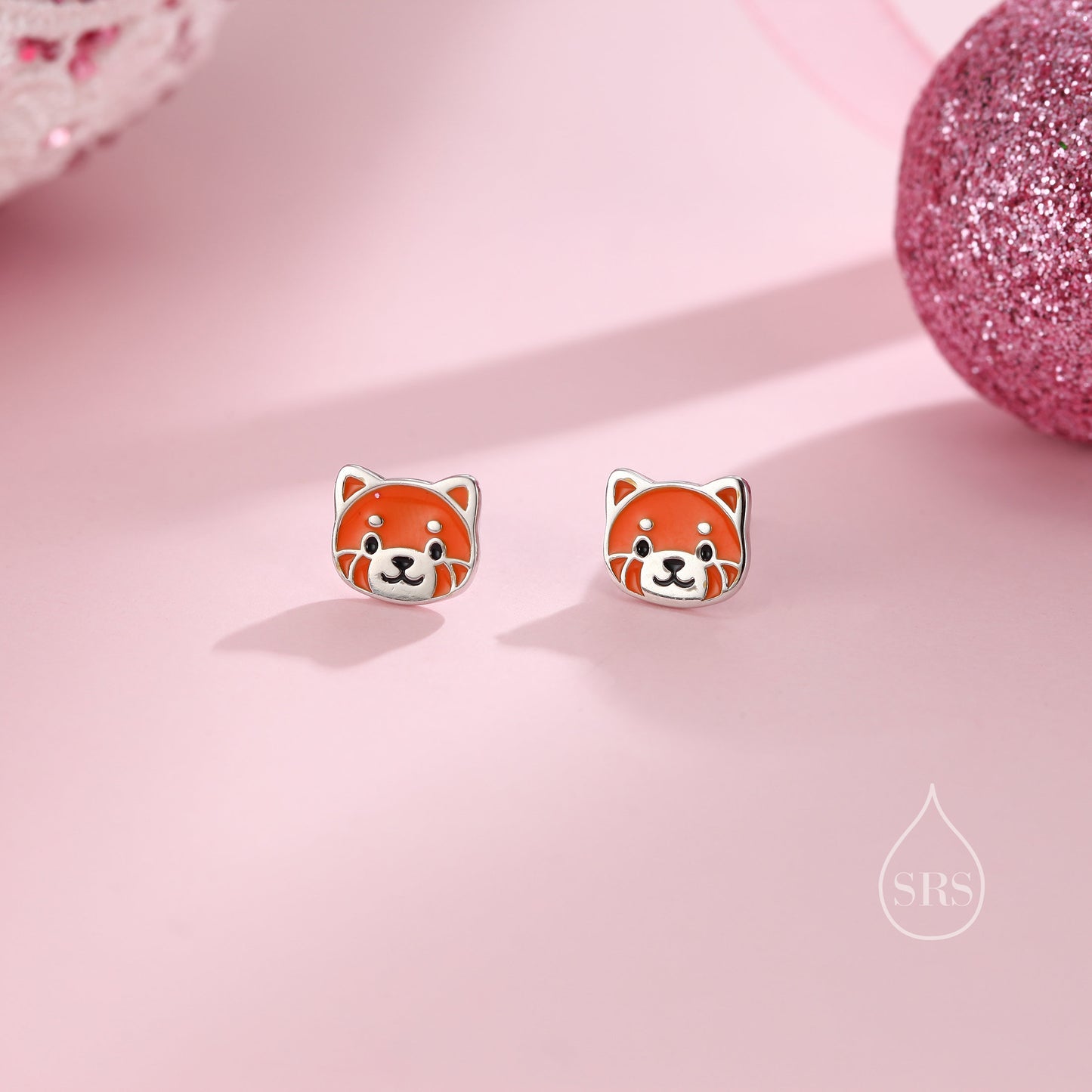 Enamel Cute Red Panda Stud Earrings in Sterling Silver, Smiling Red Panda Stud, Red Panda Earrings, Panda Bear Earrings