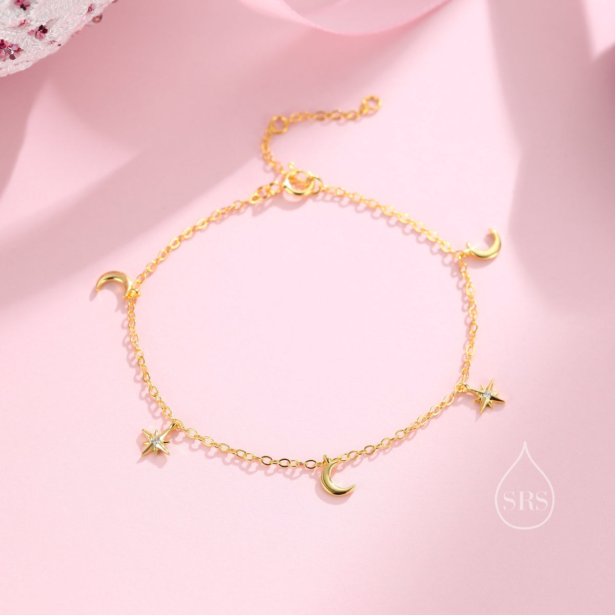 Sterling Silver Moon and CZ Star Bracelet, Silver or Gold or Rose gold, Moon and Star Charm Bracelet, Celestial Jewellery
