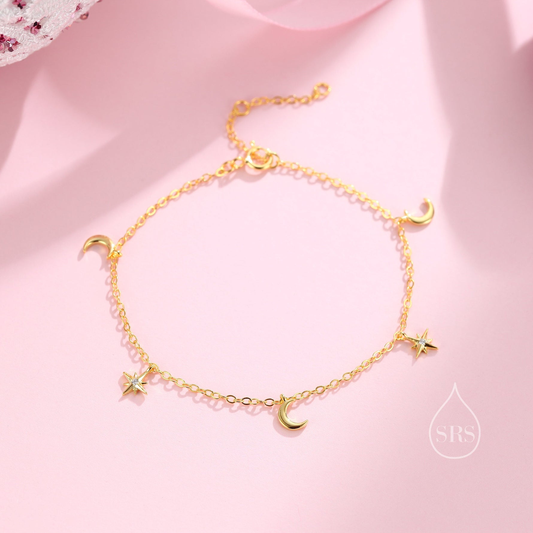 Sterling Silver Moon and CZ Star Bracelet, Silver or Gold or Rose gold, Moon and Star Charm Bracelet, Celestial Jewellery