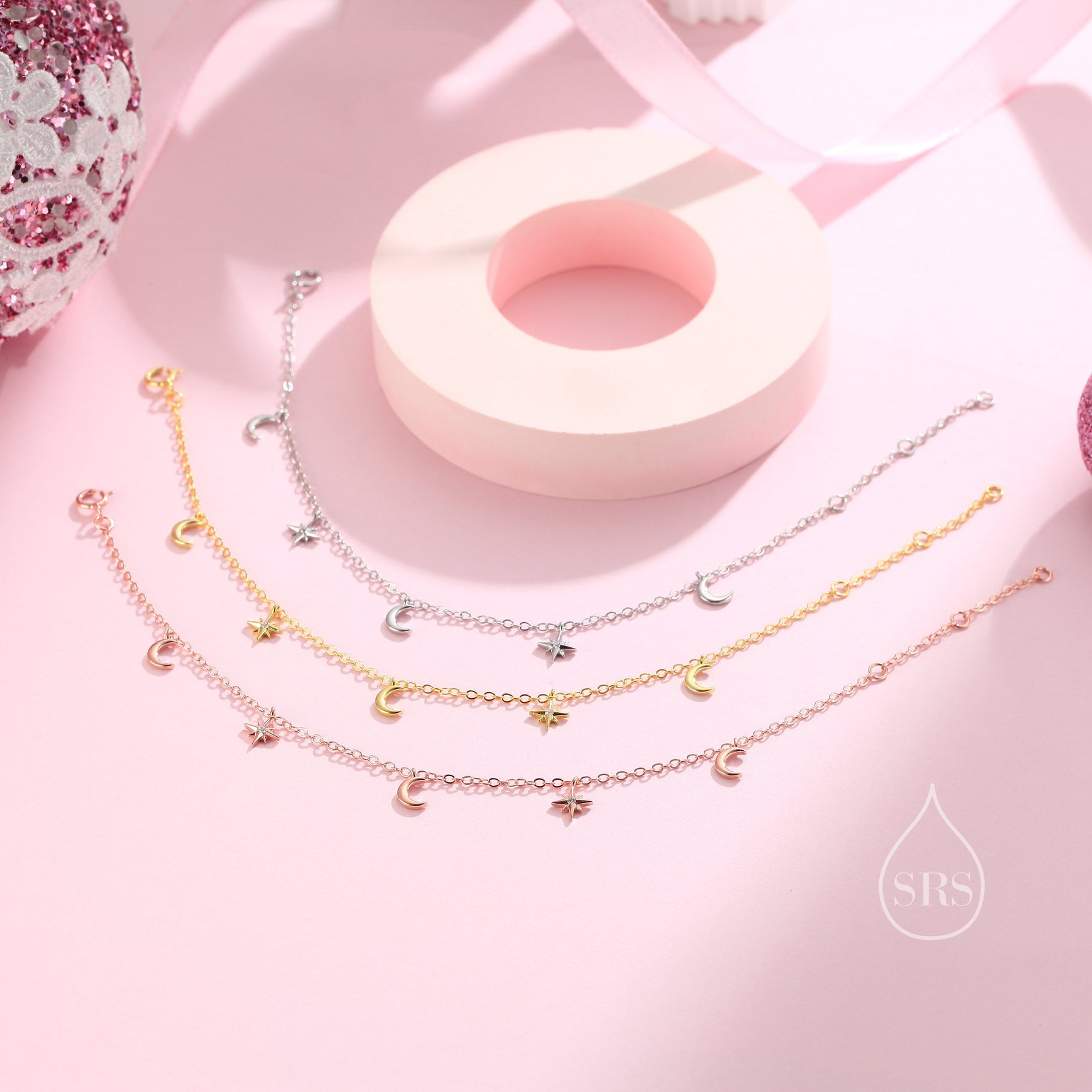 Sterling Silver Moon and CZ Star Bracelet, Silver or Gold or Rose gold, Moon and Star Charm Bracelet, Celestial Jewellery