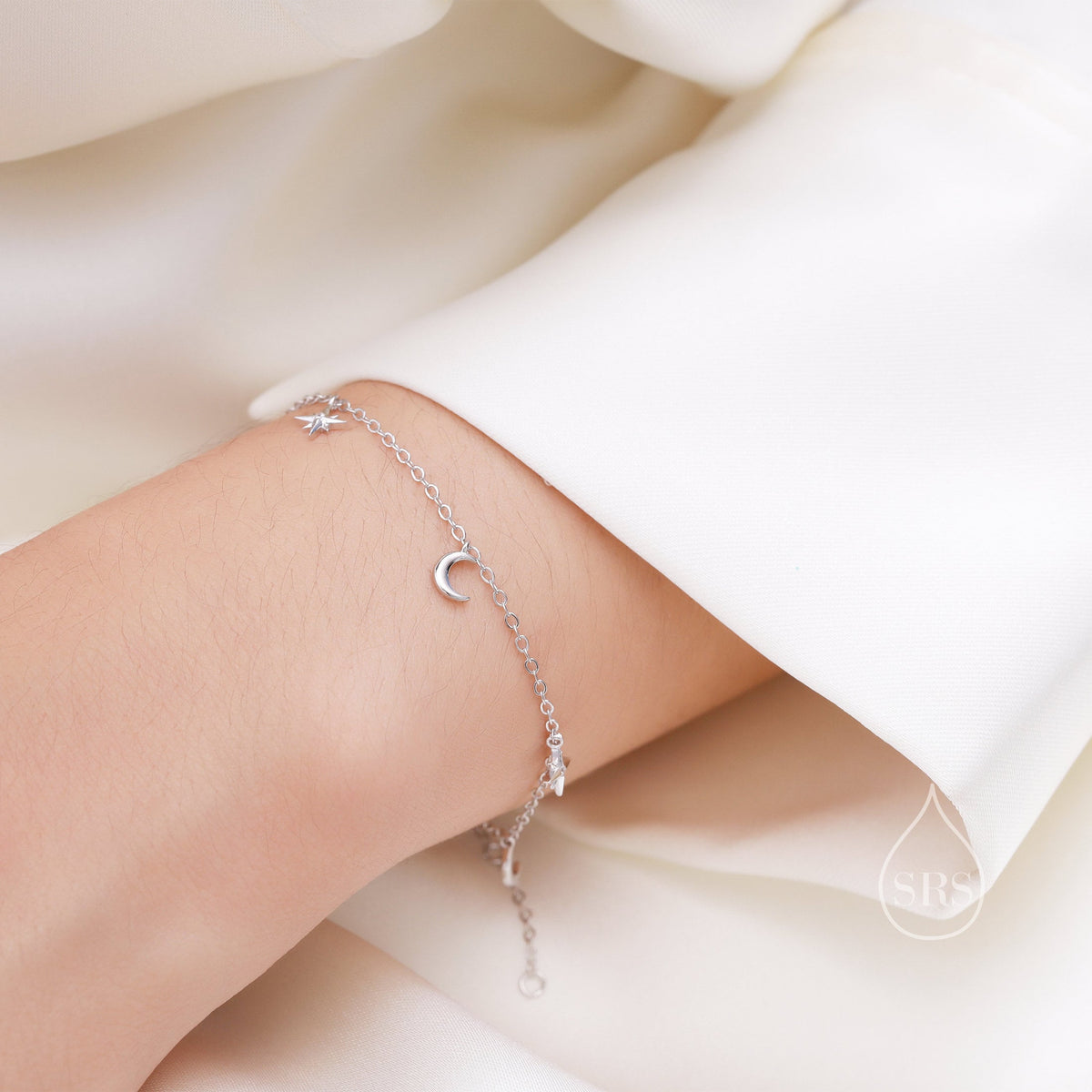 Sterling Silver Moon and CZ Star Bracelet, Silver or Gold or Rose gold, Moon and Star Charm Bracelet, Celestial Jewellery